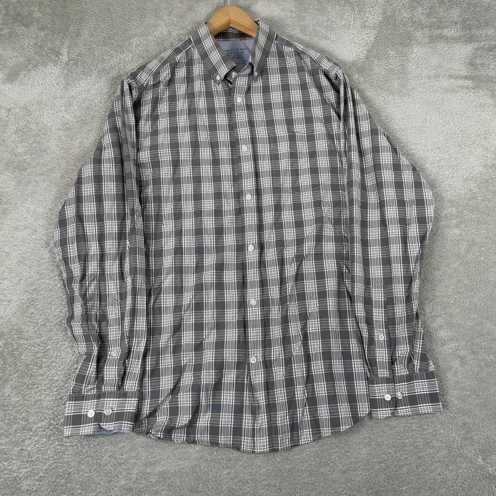 Banana Republic Shirt Mens Large Grey Luxe Poplin Plaid Camden Standard Fit